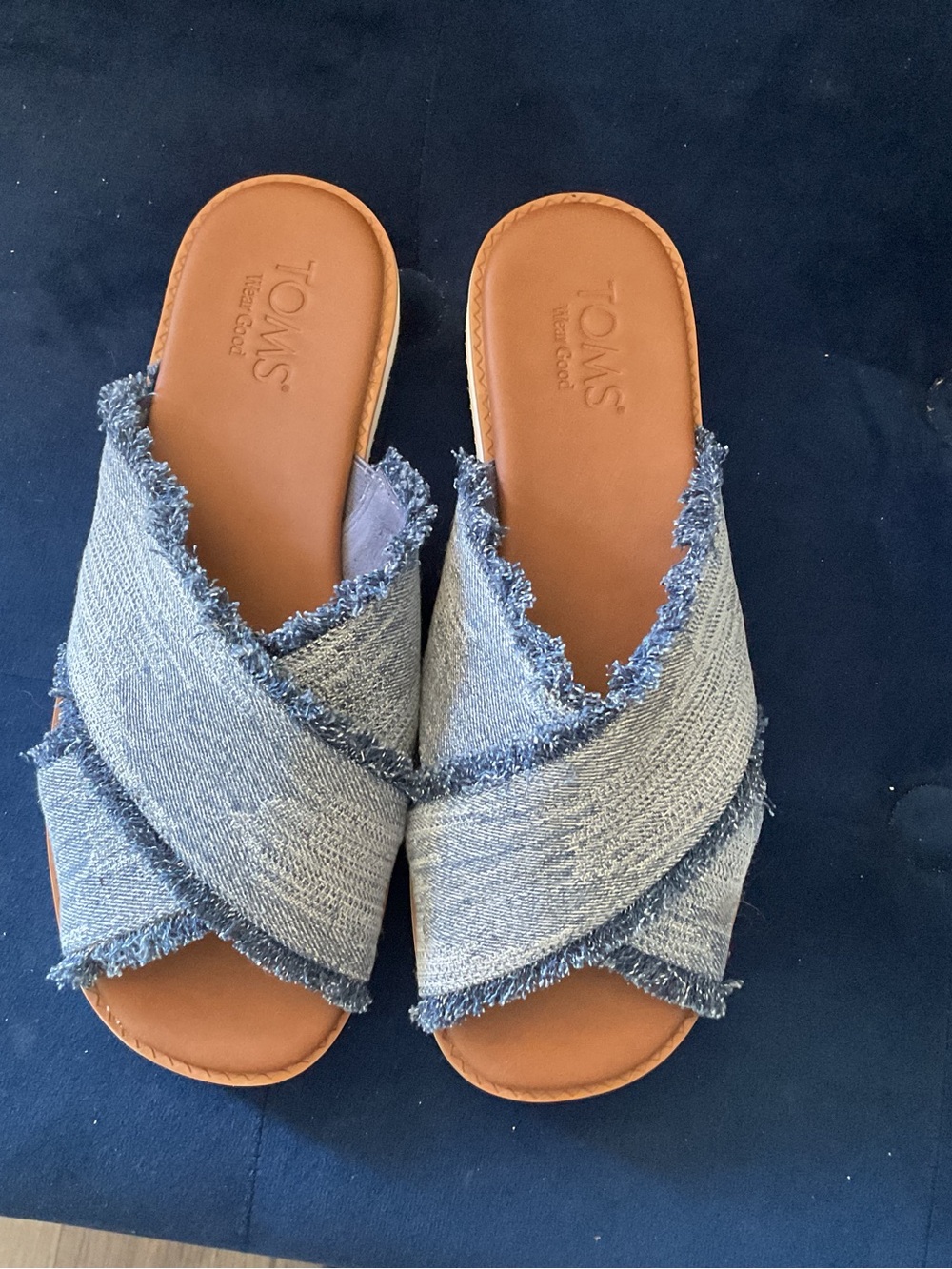 Toms Denim Crisscross Slide Sandals with Tan Footbed